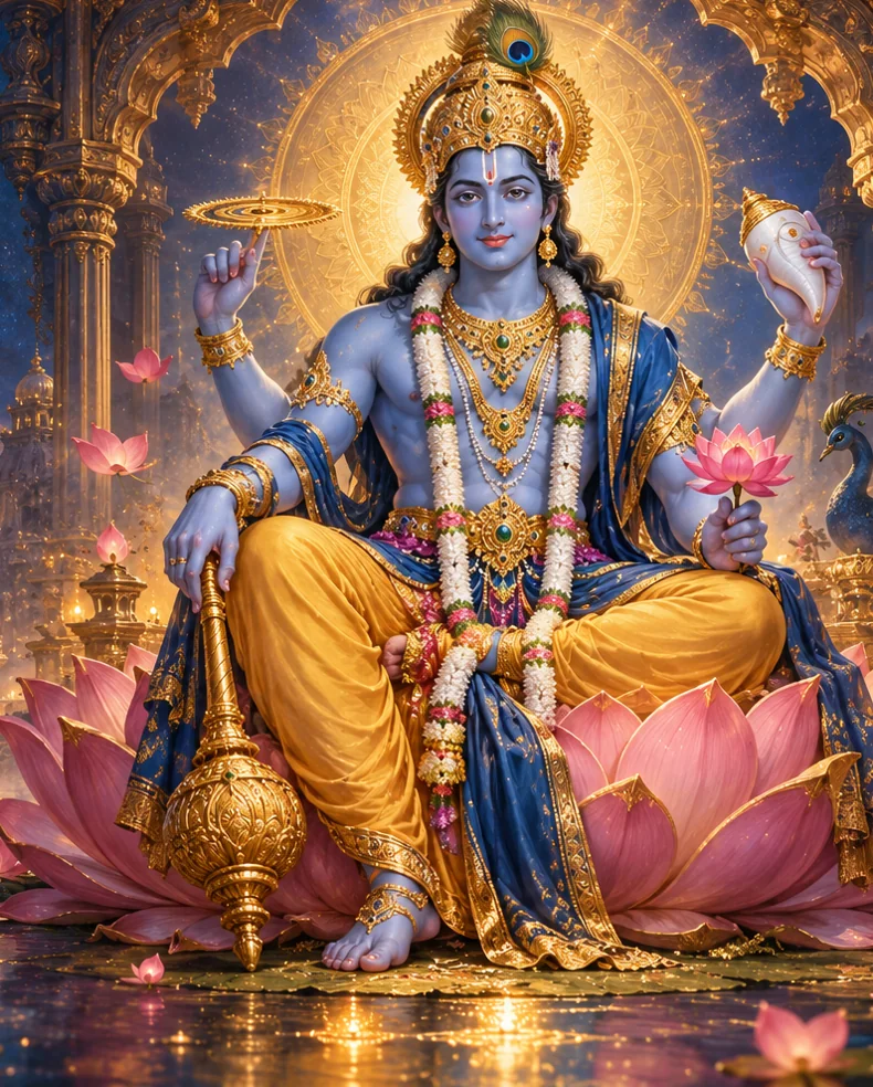 Heer Vishnu volledig afgebeeld met kroon, vier armen, traditionele symbolen en een roze lotus